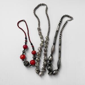 VTG Boho Layered Necklace Lot Silver-Tone Tribal Glass Resin Beads 80s 90s 3 PC